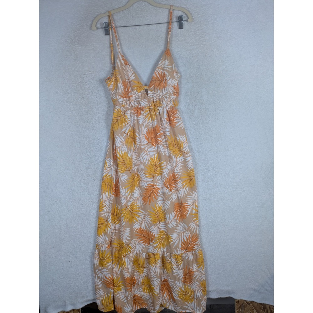 Iris Maxi Dress Women's L Orange Tropical Palm V-Neck Back Tie